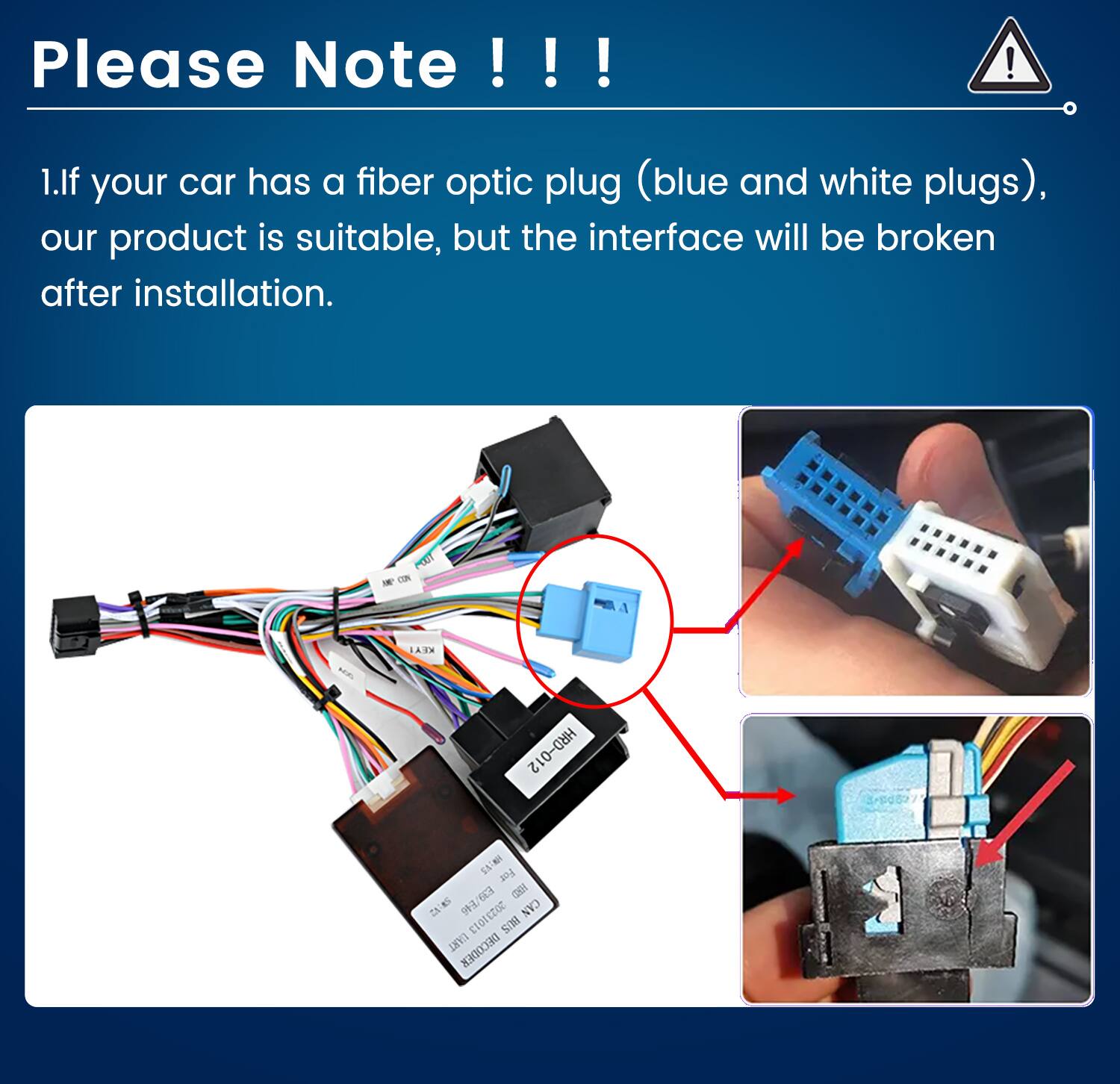 Please Note !!!  
1. If your car has a fiber optic plug (blue and white plugs), our product is suitable, but the interface will be broken after installation.  

KEY  
HRD-012  
GAINH For CISEH TAINS E39/E46 CAN 20231013 BUS UART DECODER