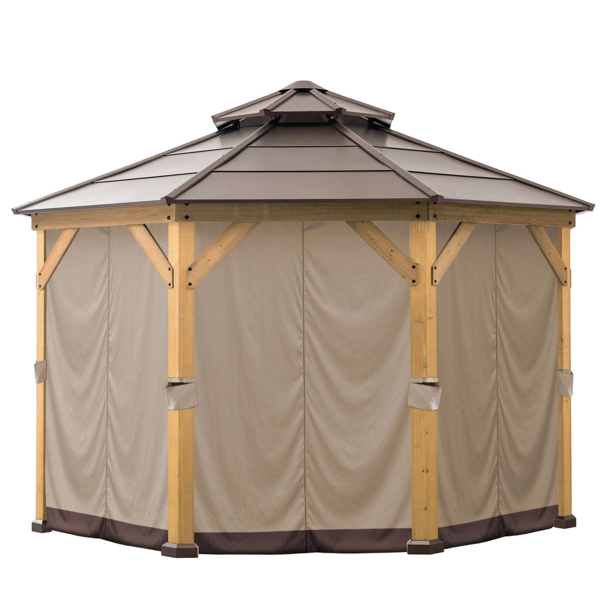 Front. SUNJOY - Sunjoy polyester Curtain Gazebo Curtain 8-Panel Screen Walls for 13 ft. x 13 ft Octagon Hardtop Gazebo(Beige/Brown) - Brown.