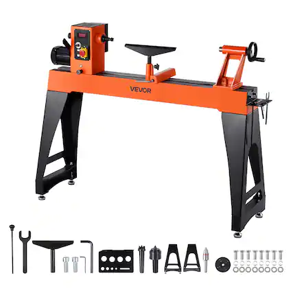 Front. VEVOR - Woodworking Lathe, 1.5 HP, Wood Lathe Machine with 0 to 3200 RPM Variable Speed, 16 x 40 in Workbench - Orange,Black.