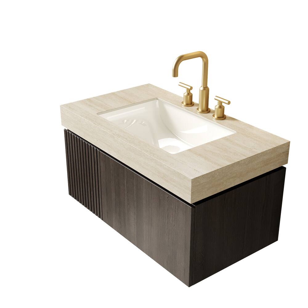 Back. JUJABU - 36" Floating Bathroom Vanity & Sink, Roma Travertine Sintered Stone Top & Ceramic Basin - Beige.