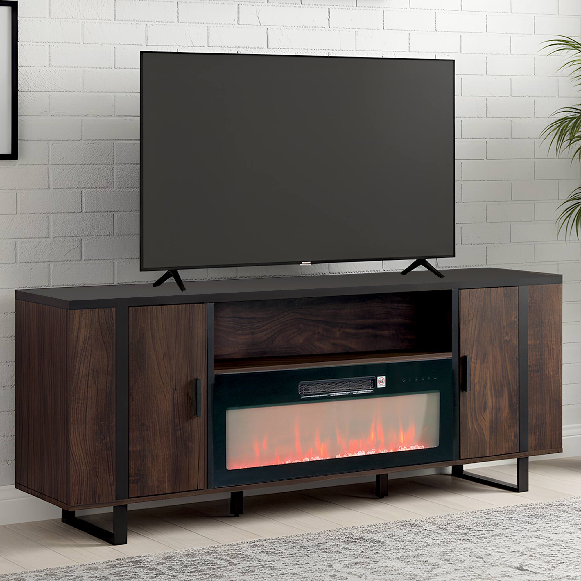 Back. Parrot Uncle - 72" Farmhouse TV Stand with Electric Fireplace, Open Storage Shelves and Cabinets for TV up to 80" - Brown.