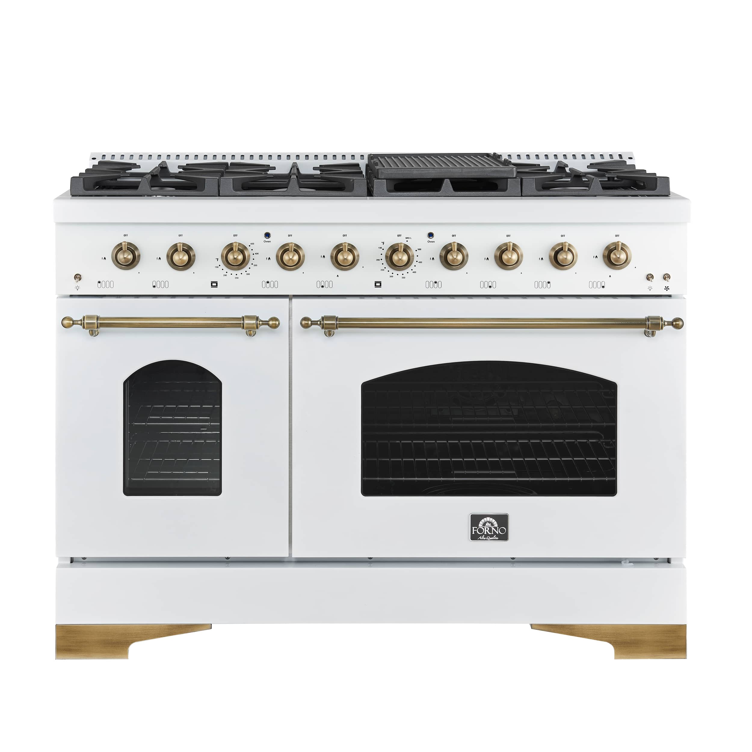 Forno Appliances - Antico 5.5 Cu. Ft. Freestanding Double Oven Gas Range with Antique Brass Accents - White