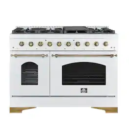 Forno Appliances - Antico 5.5 Cu. Ft. Freestanding Double Oven Gas Range with Antique Brass Accents - White