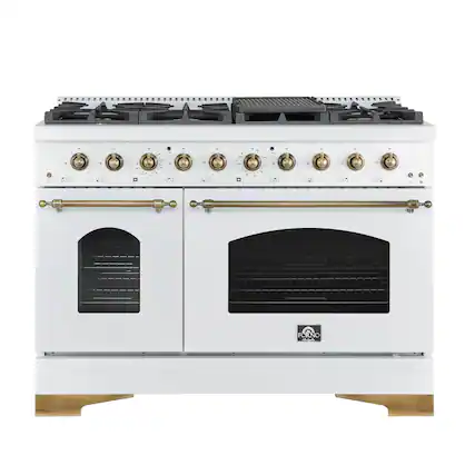 Forno Appliances - Antico 5.5 Cu. Ft. Freestanding Double Oven Gas Range with Antique Brass Accents - White
