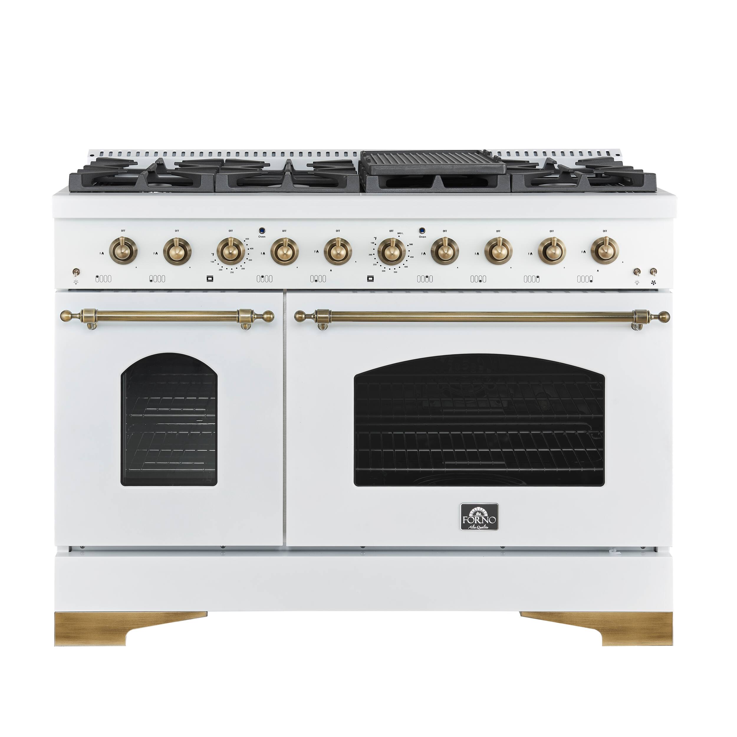 Forno Appliances - Antico 5.5 Cu. Ft. Freestanding  Double Oven Gas Range with Antique Brass Accents - White