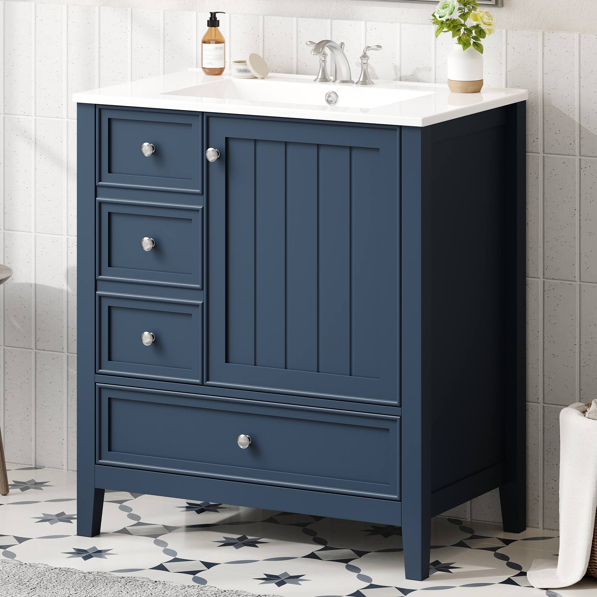 Angle. Whisen - 30" Bathroom Vanity with Ceramic Sink Combo 3-Drawer 1-Cabinet Freestanding Storage Cabinet - Blue.
