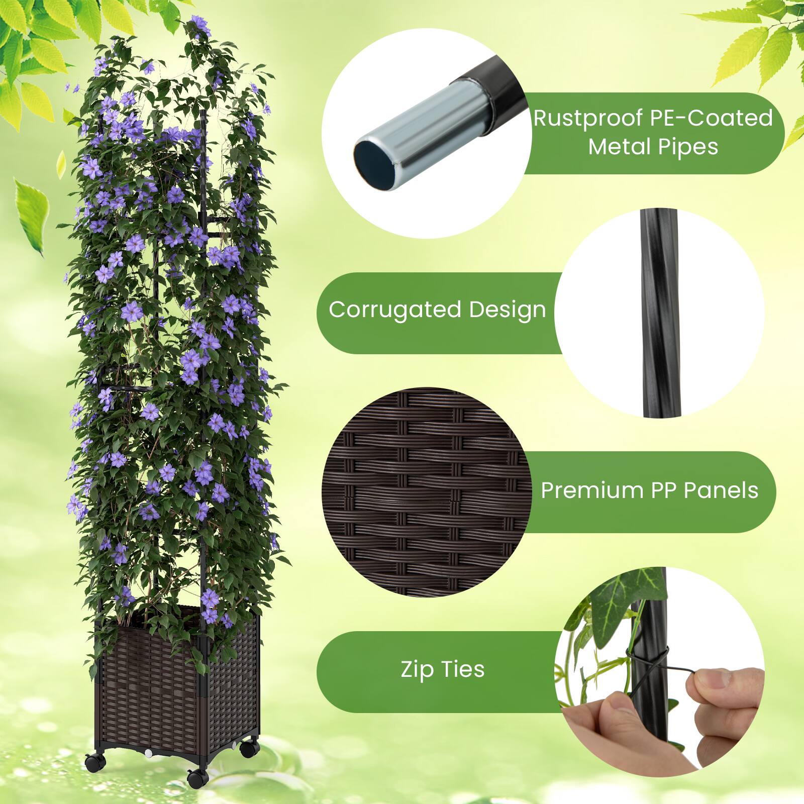 - Rustproof PE-Coated Metal Pipes
- Corrugated Design
- Premium PP Panels
- Zip Ties