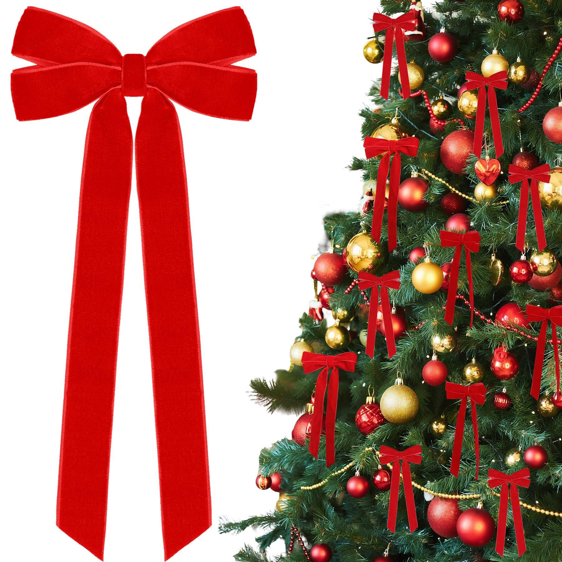 Acteck - 12Pcs Ribbon Bows Christmas Tree Decorations, Xmas Ornaments for Home Party Front Door Wreath - Red