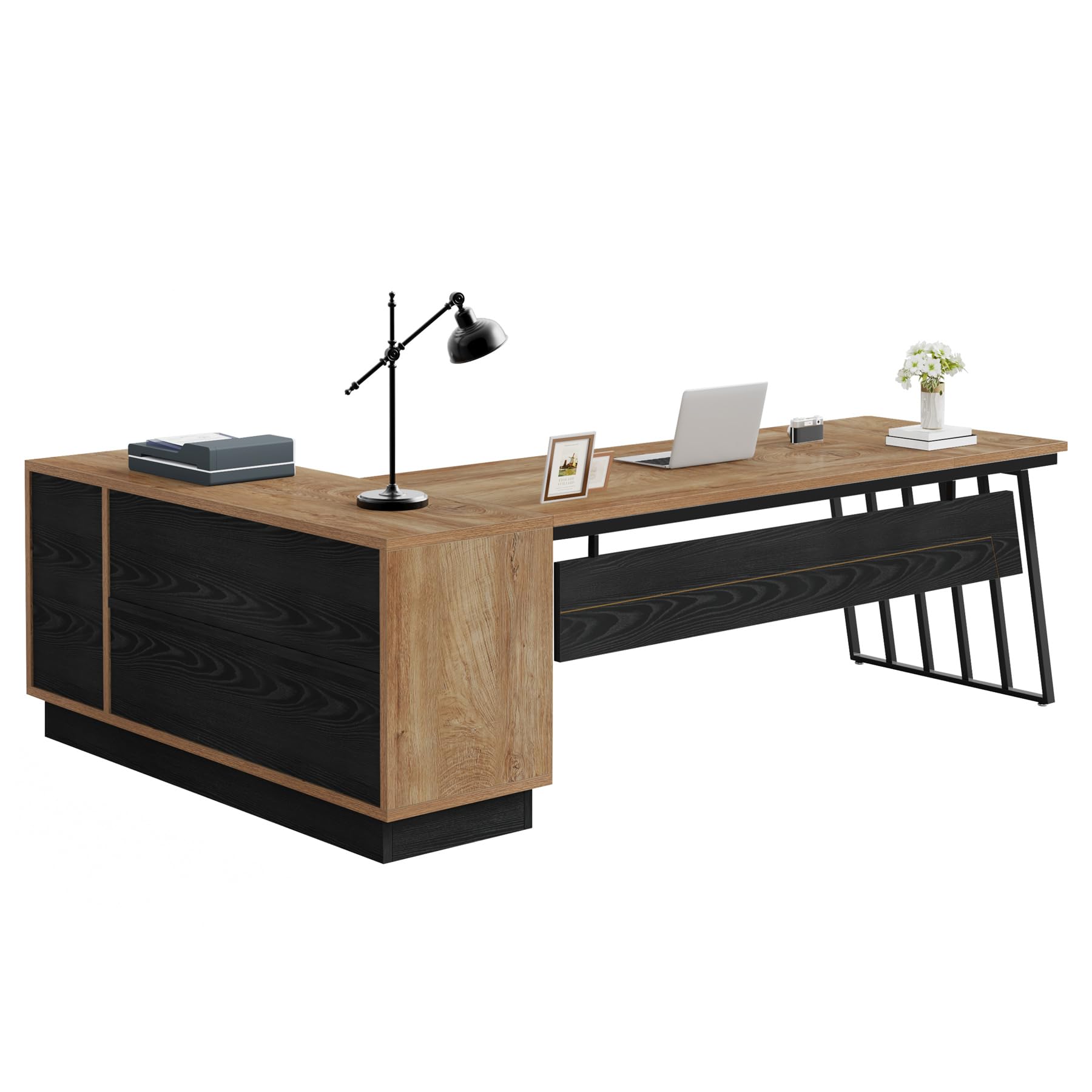 Alt View 5. Tribesigns - 71” Executive Desk, L-Shaped Desk with Cabinet, Oak and Black - Black.