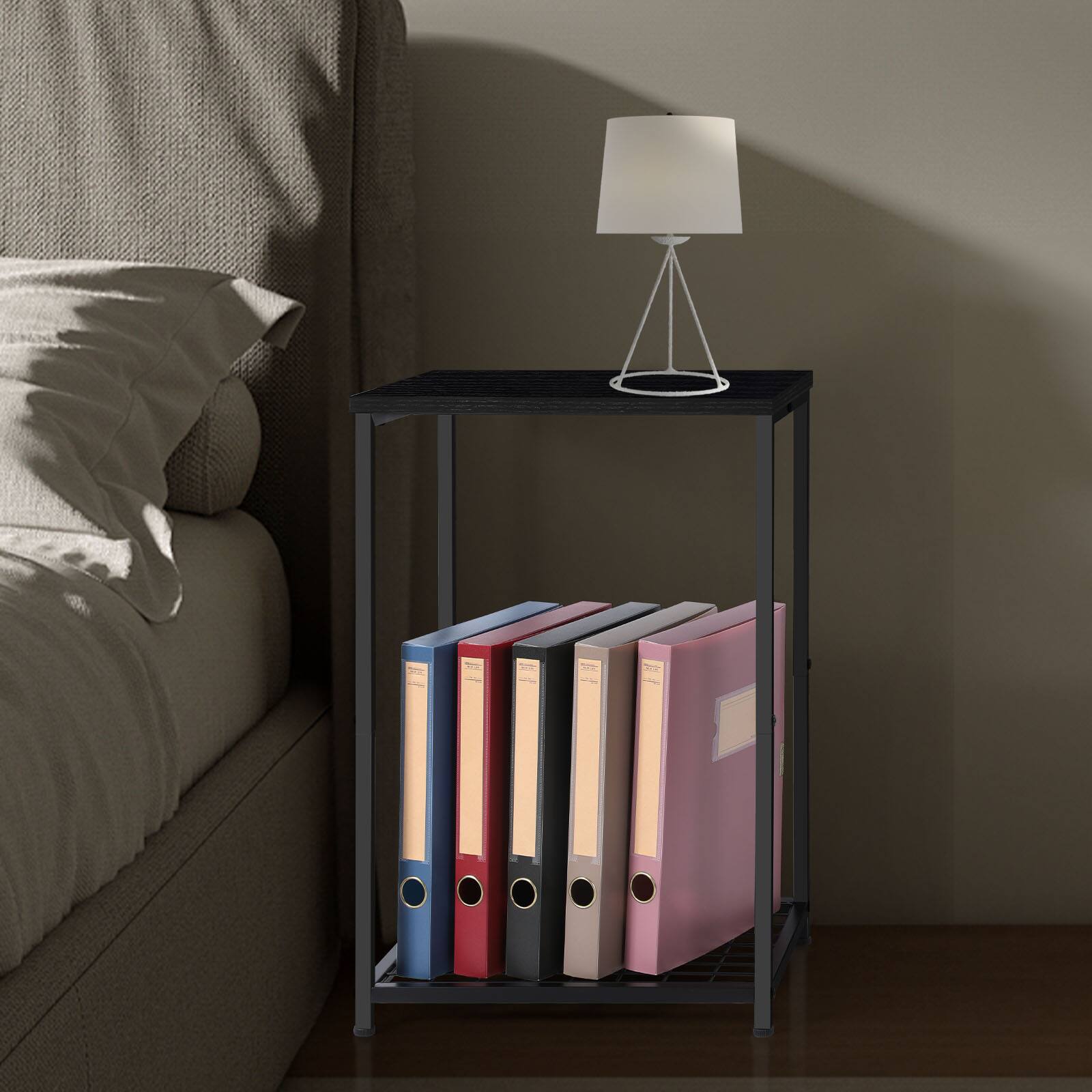 Angle. Oumilen - Set of 2 Black Nightstands, Modern End Tables with Mesh Shelves - Black.