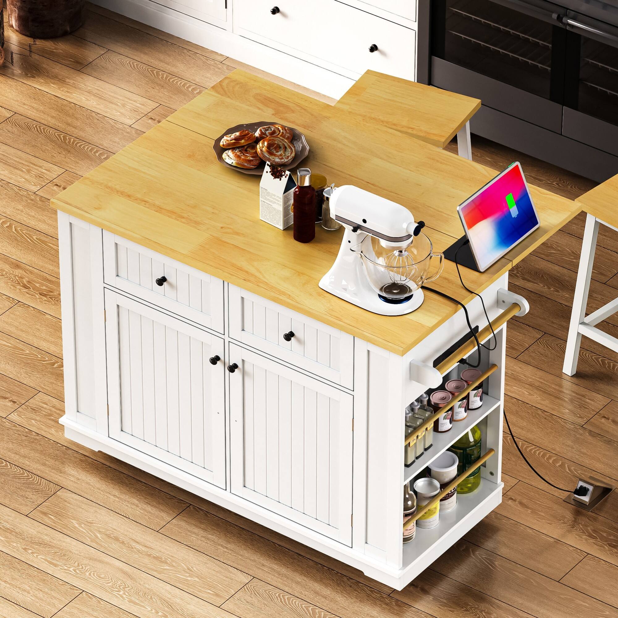 Alt View 7. ELEMENT ACE - Large Kitchen Island with Drop Leaf, Power Outlets, and Mobile Storage Cart featuring Multiple Storage Options - White.