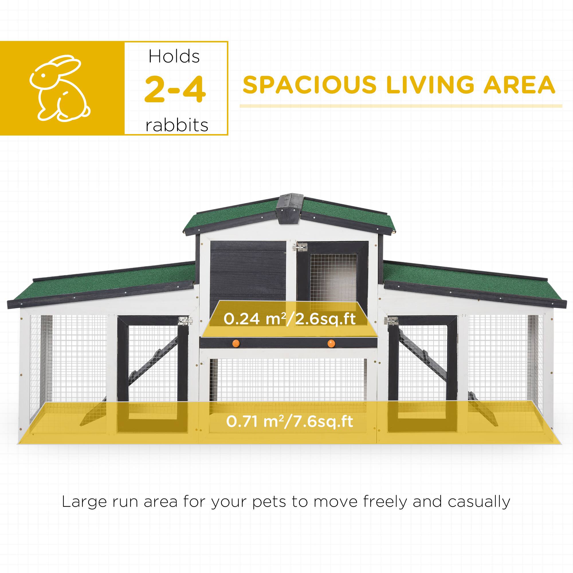 Holds 2-4 rabbits

SPACIOUS LIVING AREA

0.24 m² / 2.6 sq.ft

0.71 m² / 7.6 sq.ft

Large run area for your pets to move freely and casually