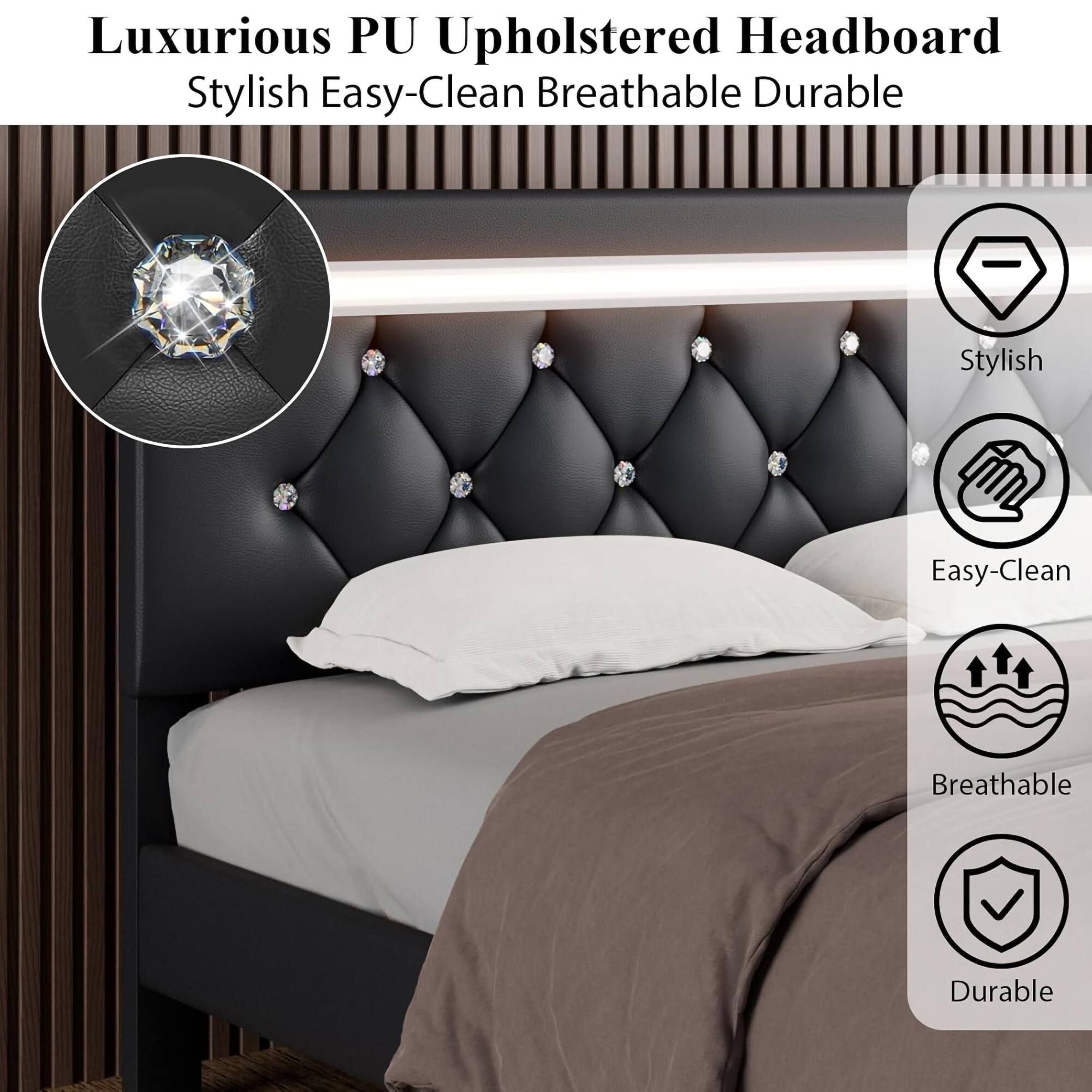 Luxurious PU Upholstered Headboard  
Stylish Easy-Clean Breathable Durable