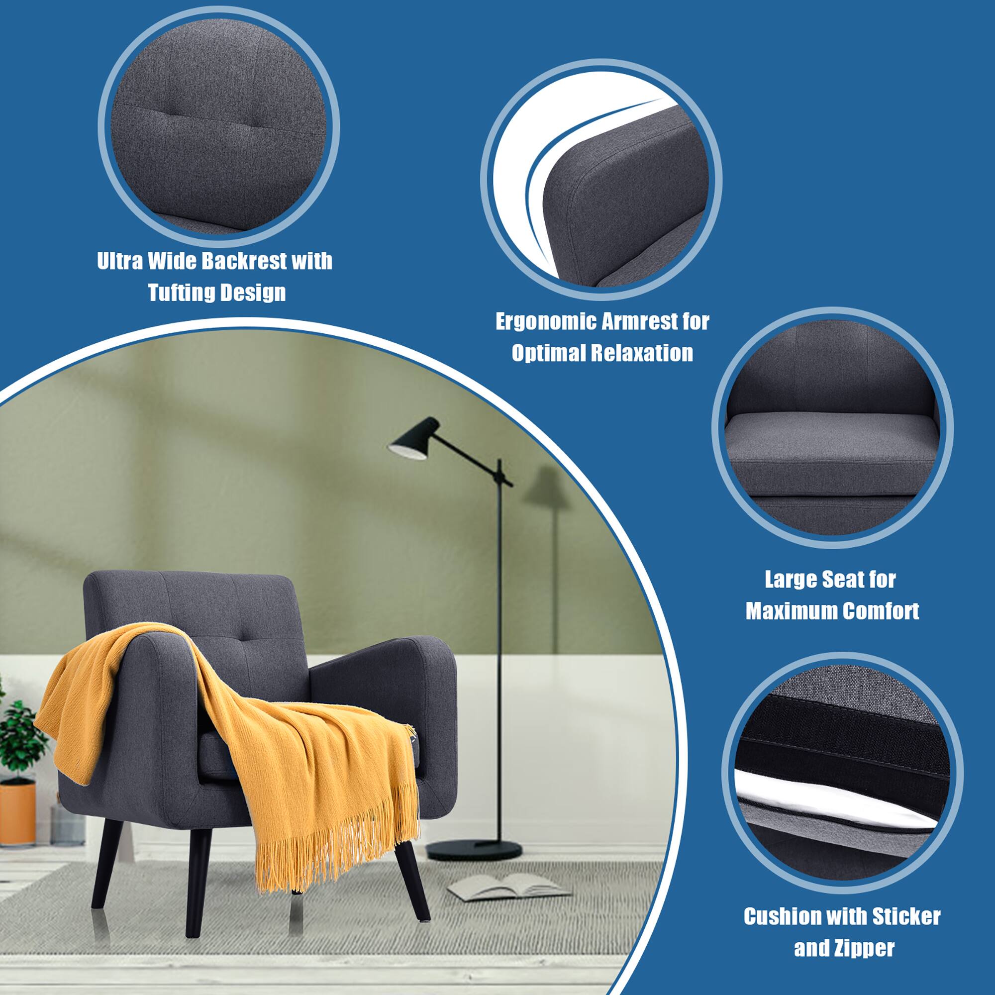 Ultra Wide Backrest with Tufting Design Ergonomic Armrest for Optimal Relaxation Large Seat for Maximum Comfort Cushion with Sticker and Zipper