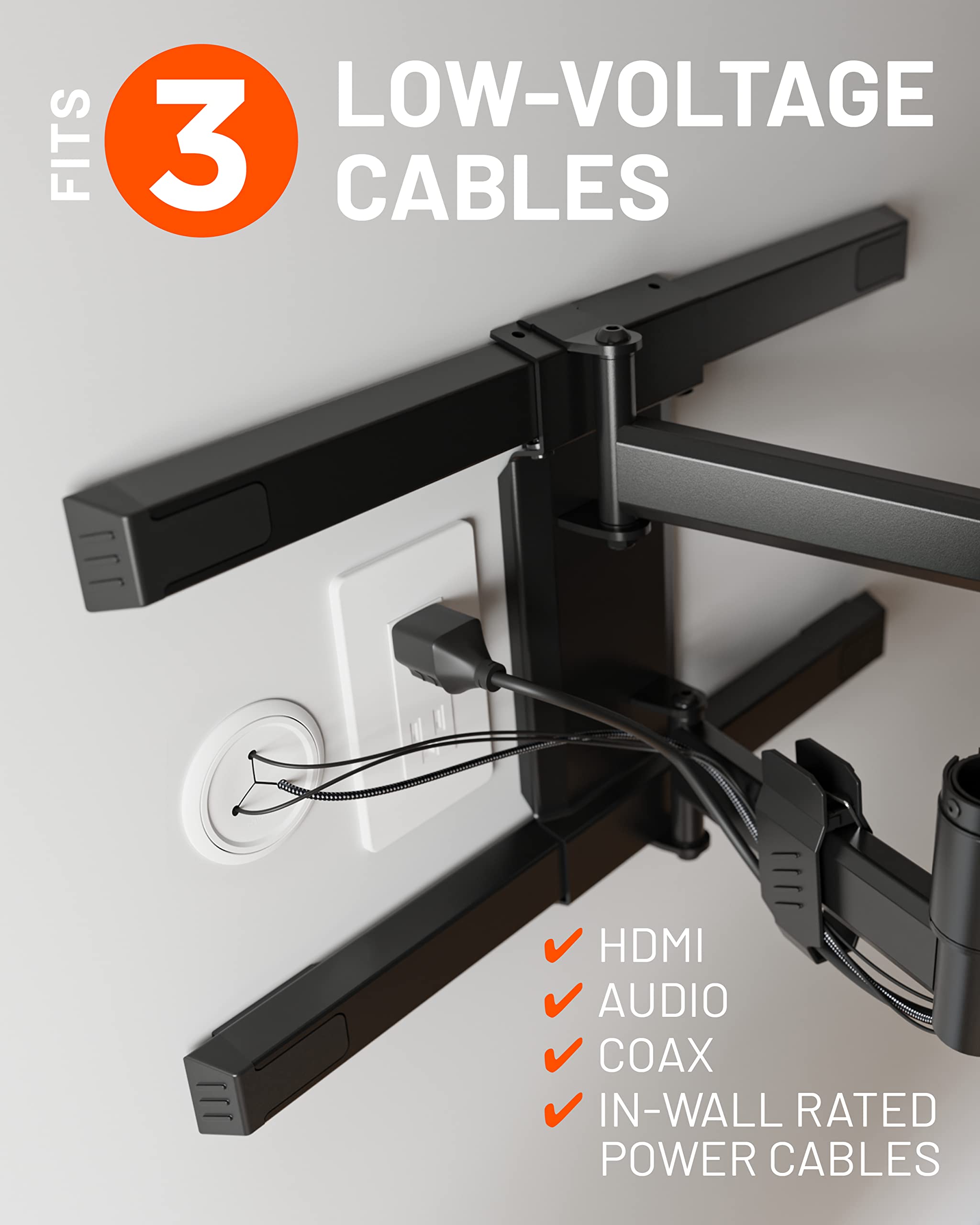 FITS LOW-VOLTAGE 3 CABLES: HDMI, AUDIO, COAX, IN-WALL RATED POWER CABLES
