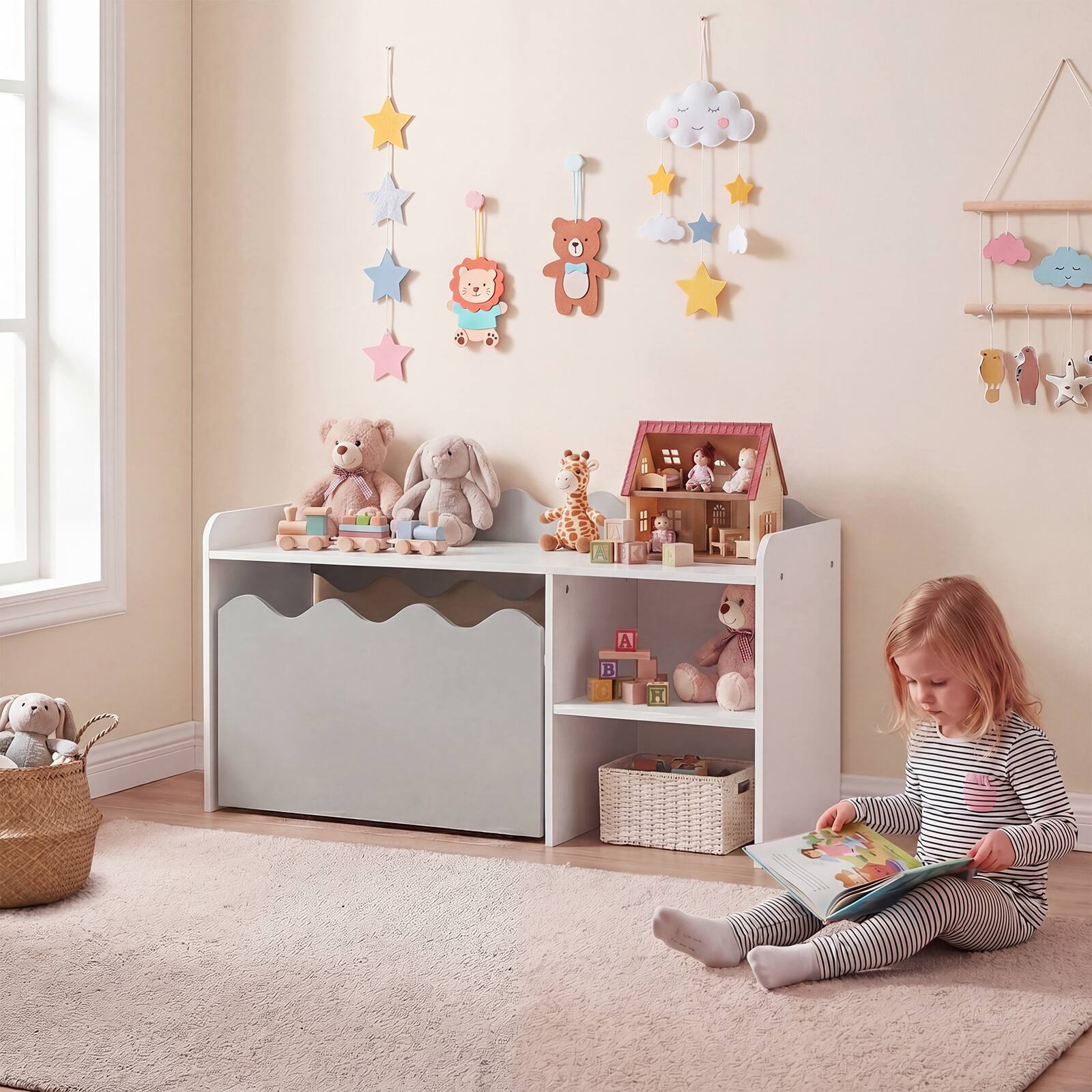 Alt View 5. Costway - Costway Kids Bookshelf & Toy Storage Organizer,Wooden Toddler Book Rack with Movable Drawer - Gray + White.