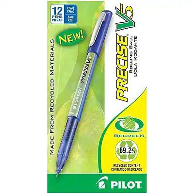 Sure, here is the corrected and grouped text from the image:
---
**12 XFine Pens / 12 Bolígrafos Fine**
**NEW!**
**PRECISE ROLLING BALL / BOLA RODANTE PRECISE**
**MADE FROM RECYCLED MATERIALS / HECHO CON MATERIALES RECICLADOS**
**BEGREEN**
**89.2% RECYCLED CONTENT / 89.2% CONTENIDO RECICLADO**
**PILOT**
---