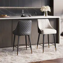 POVISON - 24" Modern Counter Height Bar Stools Set of 2, Faux Leather Bar Stools for Kitchen Island & Bar Table, Black & Gray - Black & Light Gray PU Leather