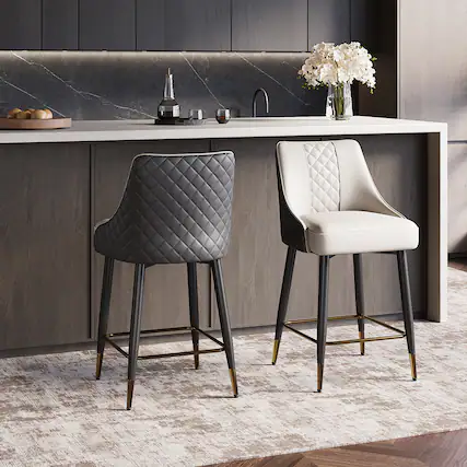 Front. POVISON - 24" Modern Counter Height Bar Stools Set of 2, Faux Leather Bar Stools for Kitchen Island & Bar Table, Black & Gray - Black & Light Gray PU Leather.
