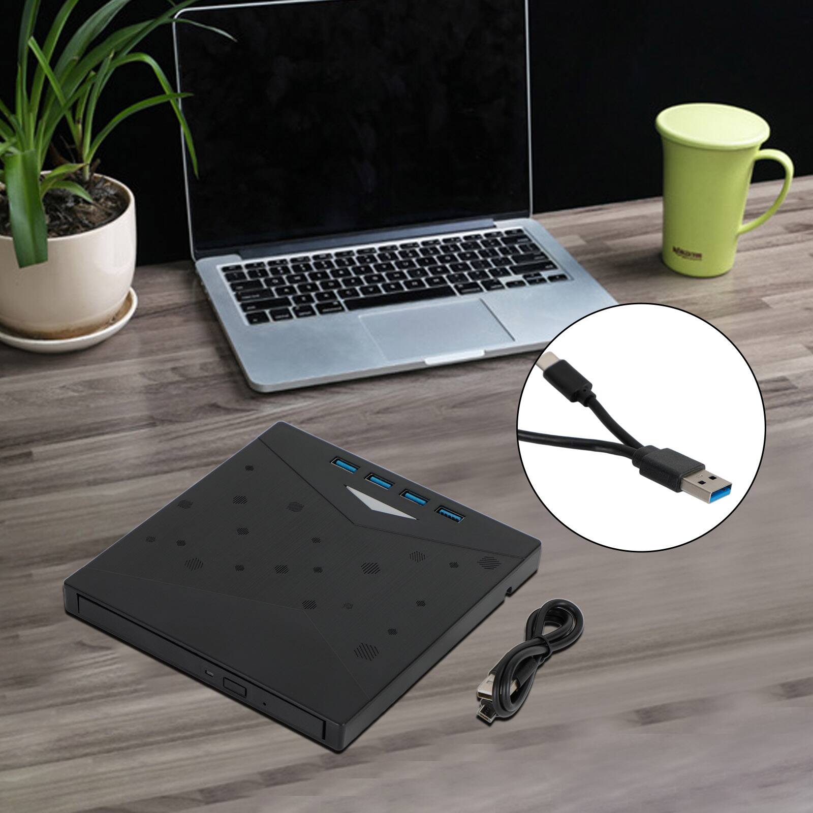 Left. Topteng - 7-in-1 External DVD Drive with 4-Port USB 3.0 Hub & Card Reader - CD/DVD Burner, USB-C for Laptop/PC/Mac - Black.