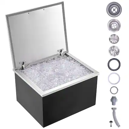 Front. VEVOR - Drop in Ice Chest, 28"L x 16"W x 17"H Stainless Steel Ice Cooler, Commercial Ice Bin with Hinged Cover - Silver.