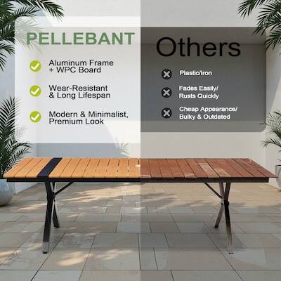 PELLEBANT  
- Aluminum Frame + WPC Board  
- Wear-Resistant & Long Lifespan  
- Modern & Minimalist, Premium Look  

Others  
- Plastic/Iron  
- Fades Easily  
- Rusts Quickly  
- Cheap Appearance/ Bulky & Outdated