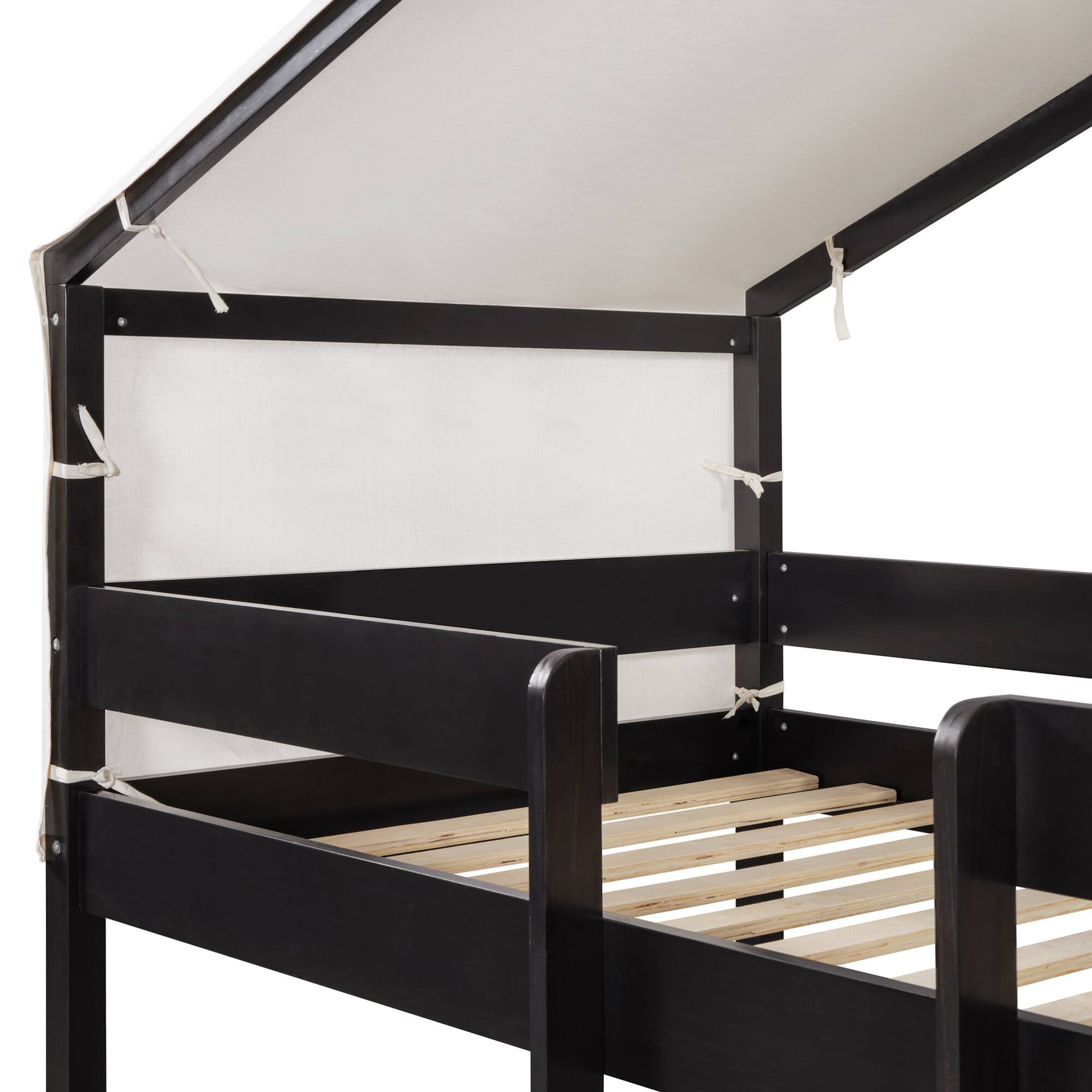 Alt View 8. GOODSILO - Space-Saving Twin Over Twin Wooden Bunk Bed with Playful Tent Design for Kids - Espresso.