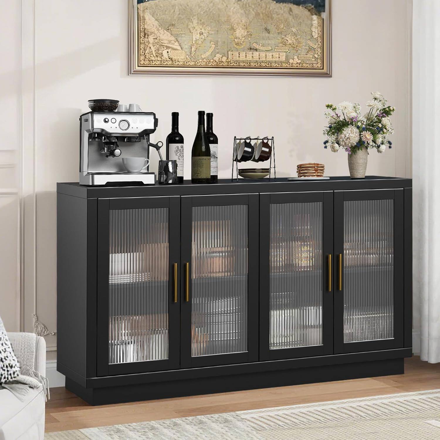 Front. GARVEE - 55.1in Sideboard Buffet Cabinet with Storage, Large Sideboard Kitchen Cabinet with Doors and Adjustable Shelves - Black.