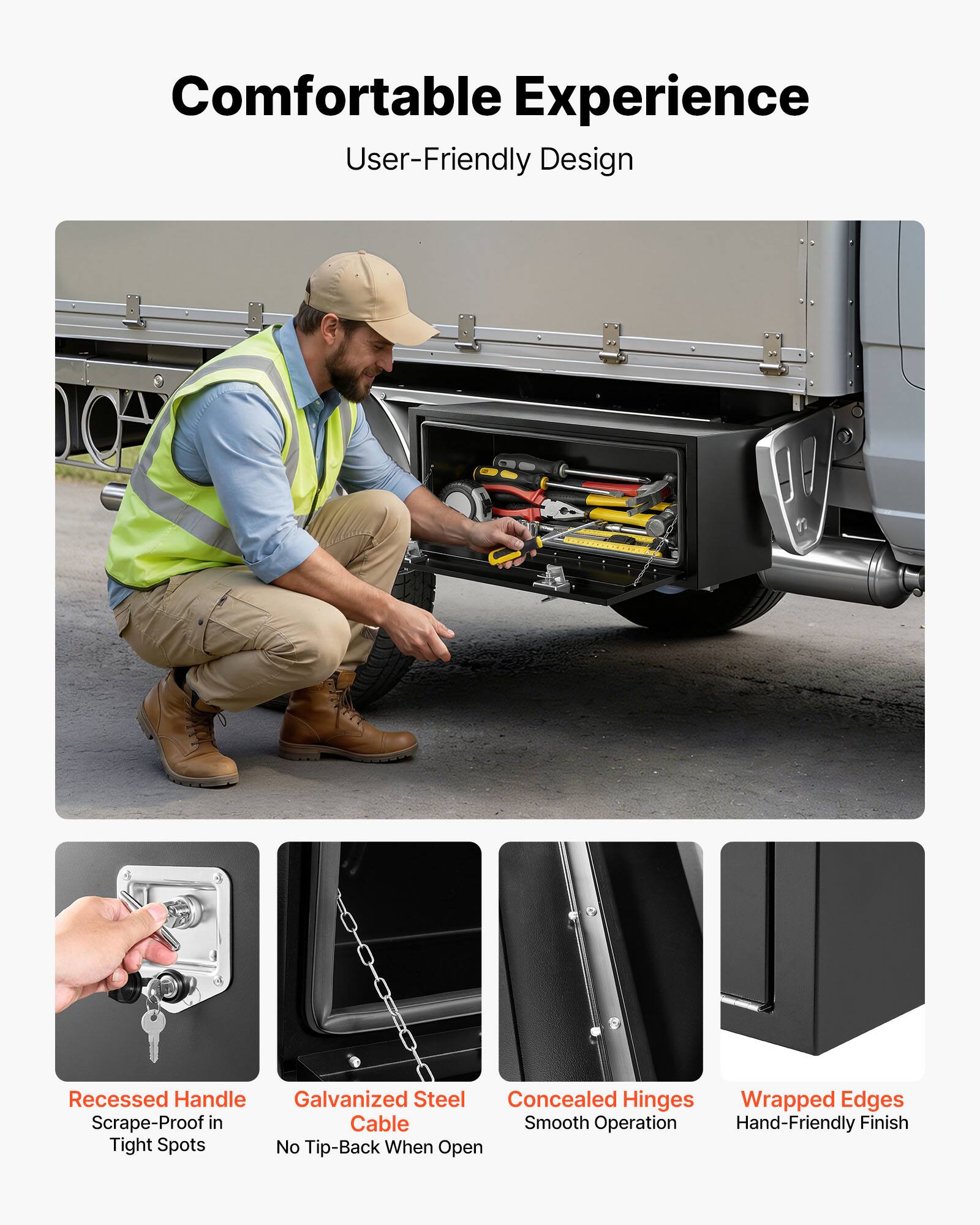 Comfortable Experience  
User-Friendly Design

- Recessed Handle  
  Scrape-Proof in Tight Spots

- Galvanized Steel Cable  
  No Tip-Back When Open

- Concealed Hinges  
  Smooth Operation

- Wrapped Edges  
  Hand-Friendly Finish