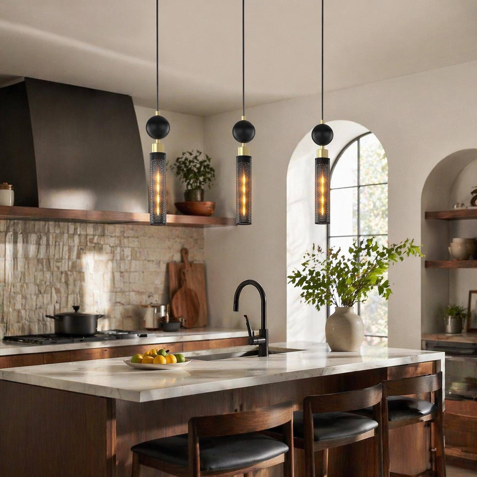 Back. RYHNUYNE - Modern Black Wrought Iron Pendant Light with Adjustable Cord for Kitchen Island, Dining Room, and Living Room.