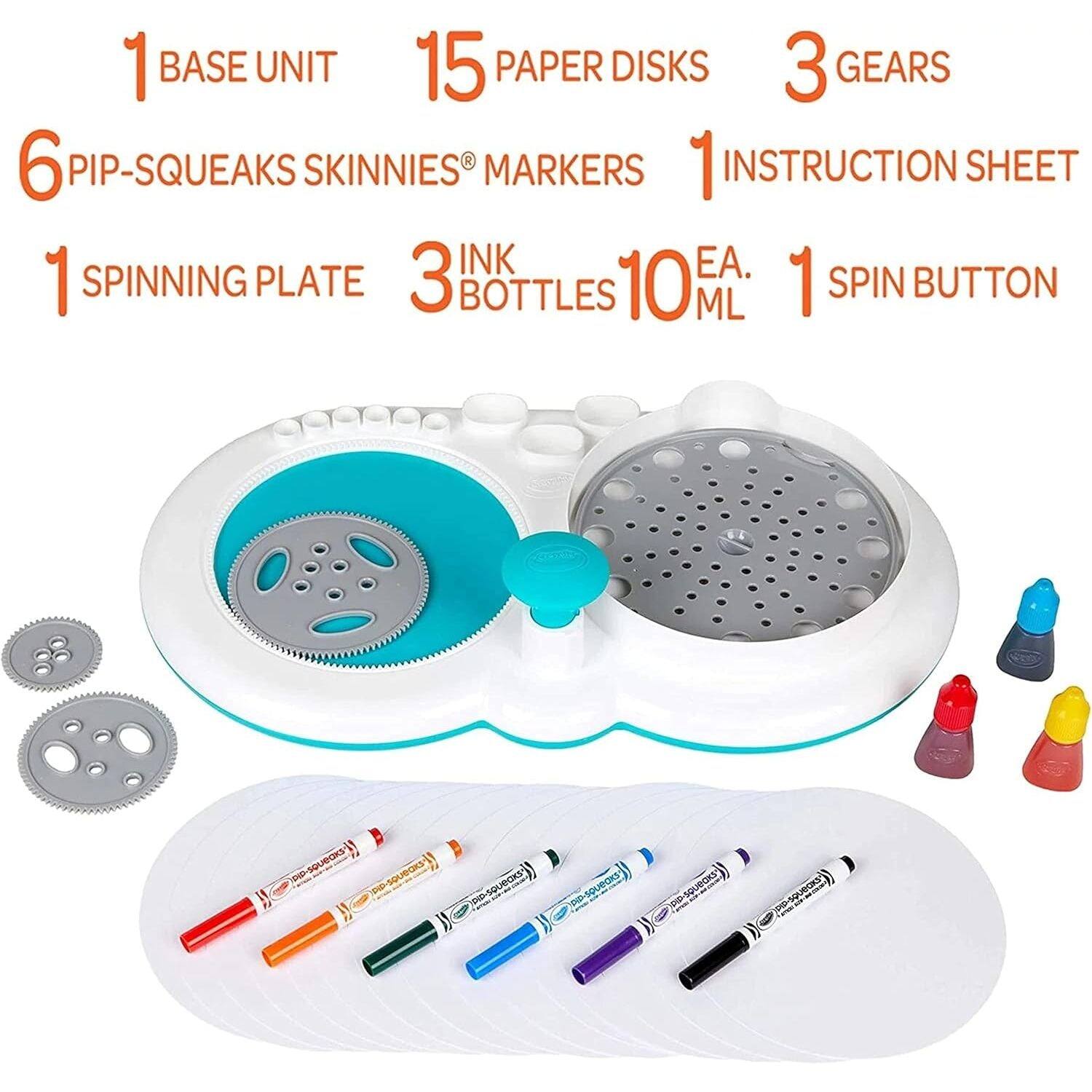 1 BASE UNIT  
15 PAPER DISKS  
3 GEARS  
6 PIP-SQUEAKS SKINNIES® MARKERS  
1 INSTRUCTION SHEET  
1 SPINNING PLATE  
3 INK BOTTLES 10 ML  
1 SPIN BUTTON