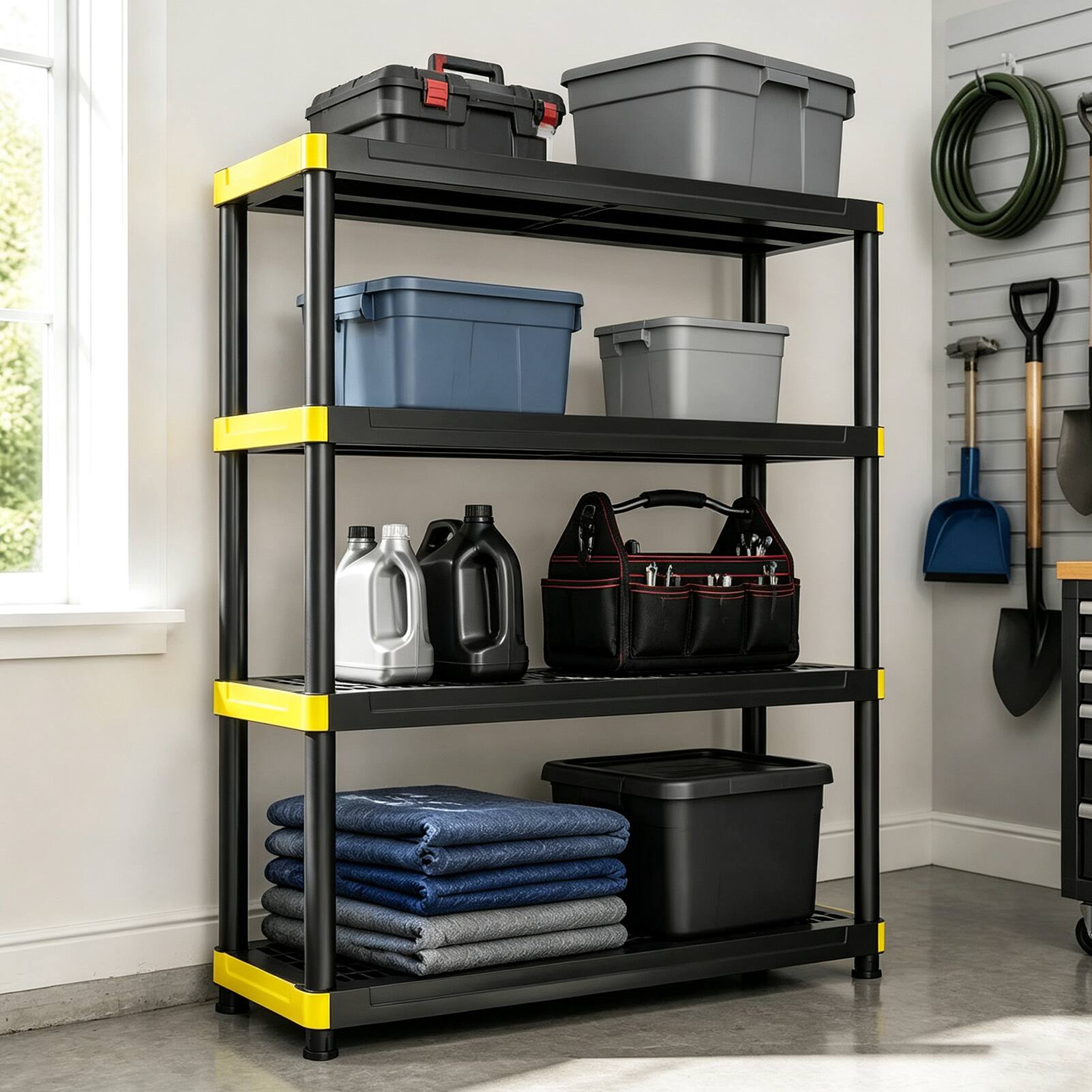 Alt View 1. Costway - Costway 4-Tier Plastic Storage Shelf with Anti-Tipping Kit & Adjustable Feet, Easy Assembly - Black + Yellow.