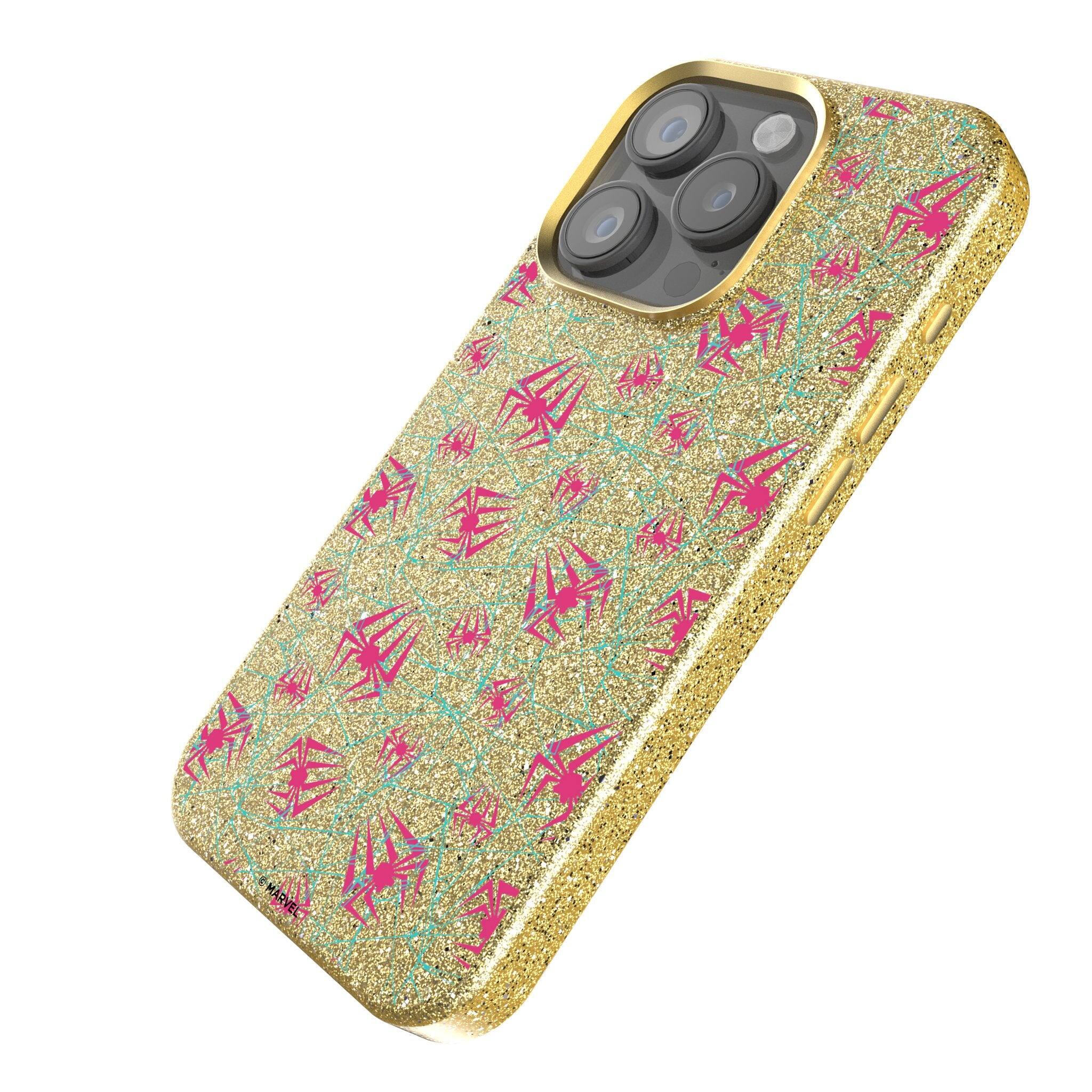 Angle. Keyscaper - Marvel Pattern Gold Bling Phone Case - Apple iPhone 16 Plus - Spider-Gwen.
