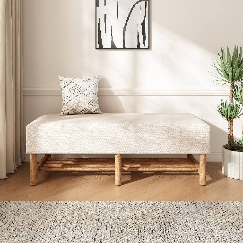 Angle. Ropilly - Ropilly Rectangular Upholstered Linen Ottoman Bench with Open Storage Shelf, Solid Wood Legs, Beige - Beige.
