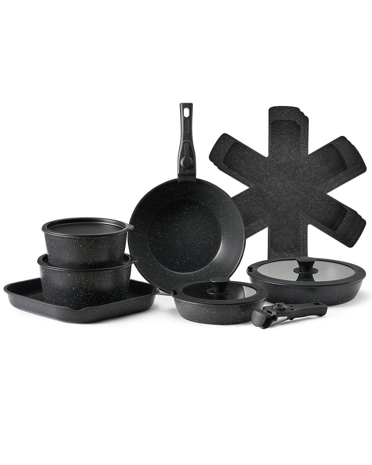 Front. Glintex - 17 Piece Pots and Pans Set, Nonstick Induction Cookware with Detachable Handle, Space Saving Kitchen Cook Set - Black.