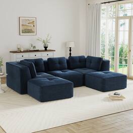 LOVMOR - 3 Seater Corduroy Sectional Couch Modular Deep Seat Storage Ottoman No Assembly Compressed Pack Tufted For Den - Blue