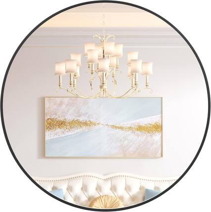 Front. Homhougo - Black Round Wall Mirror HD Metal Frame Modern Easy Install.