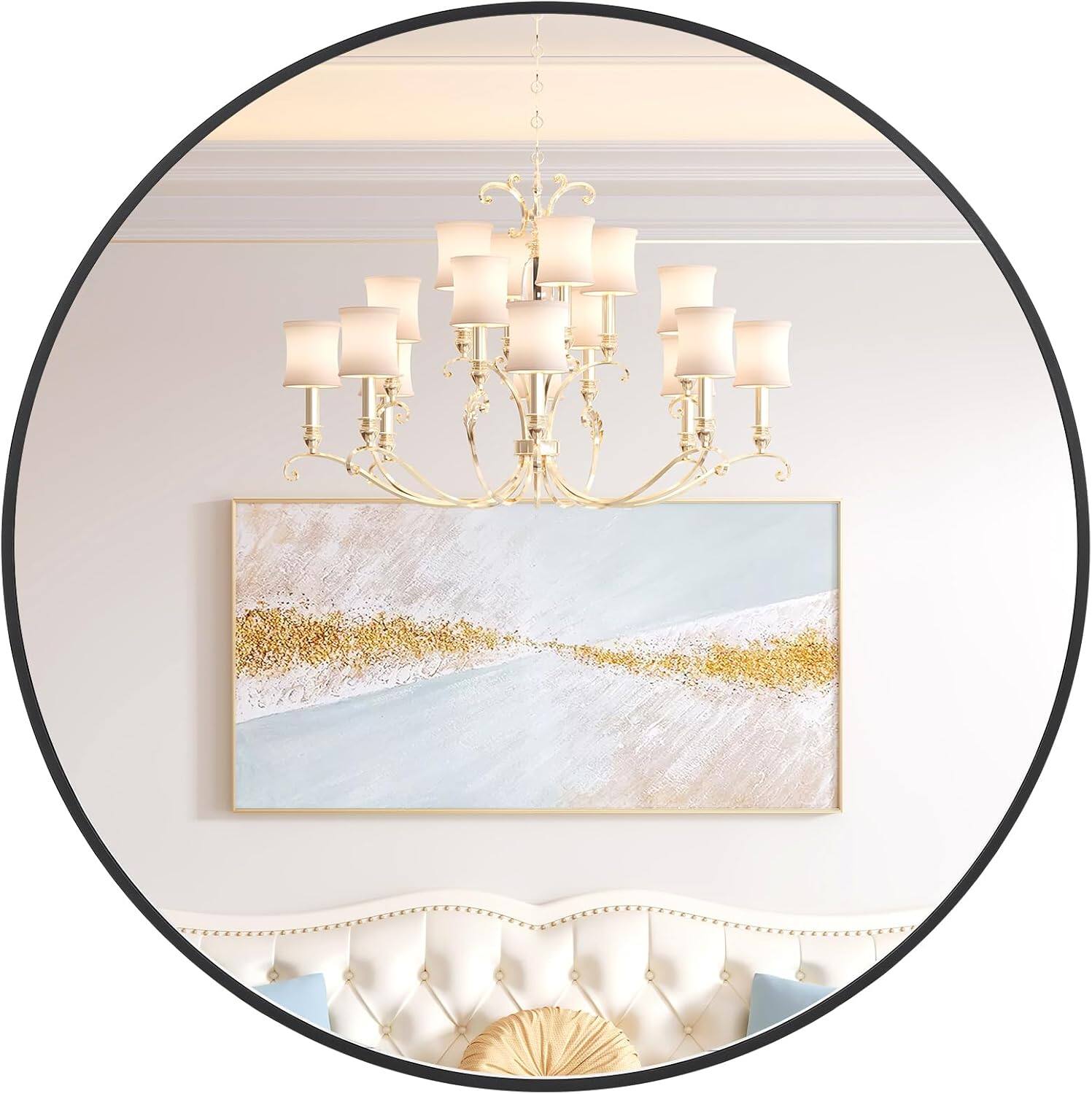 Front. Homhougo - Black Round Wall Mirror HD Metal Frame Modern Easy Install.