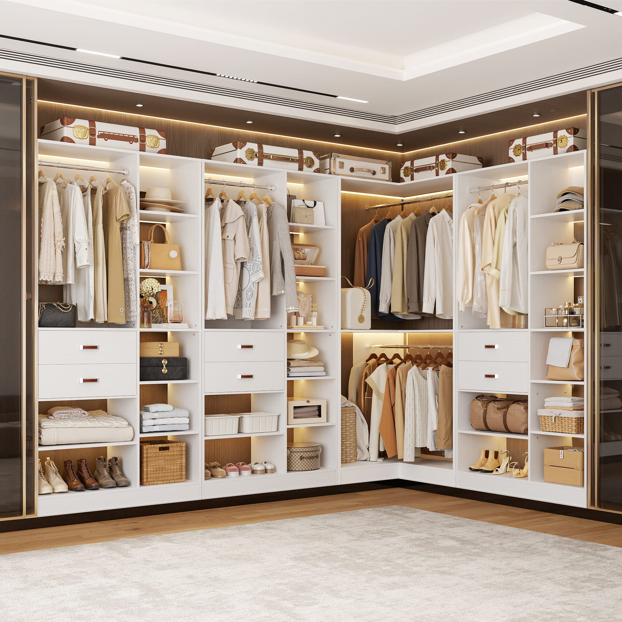 Aheaplus 120'' Wide 3 Piece Walk in Closet Organizer, 6 Drawers, 3