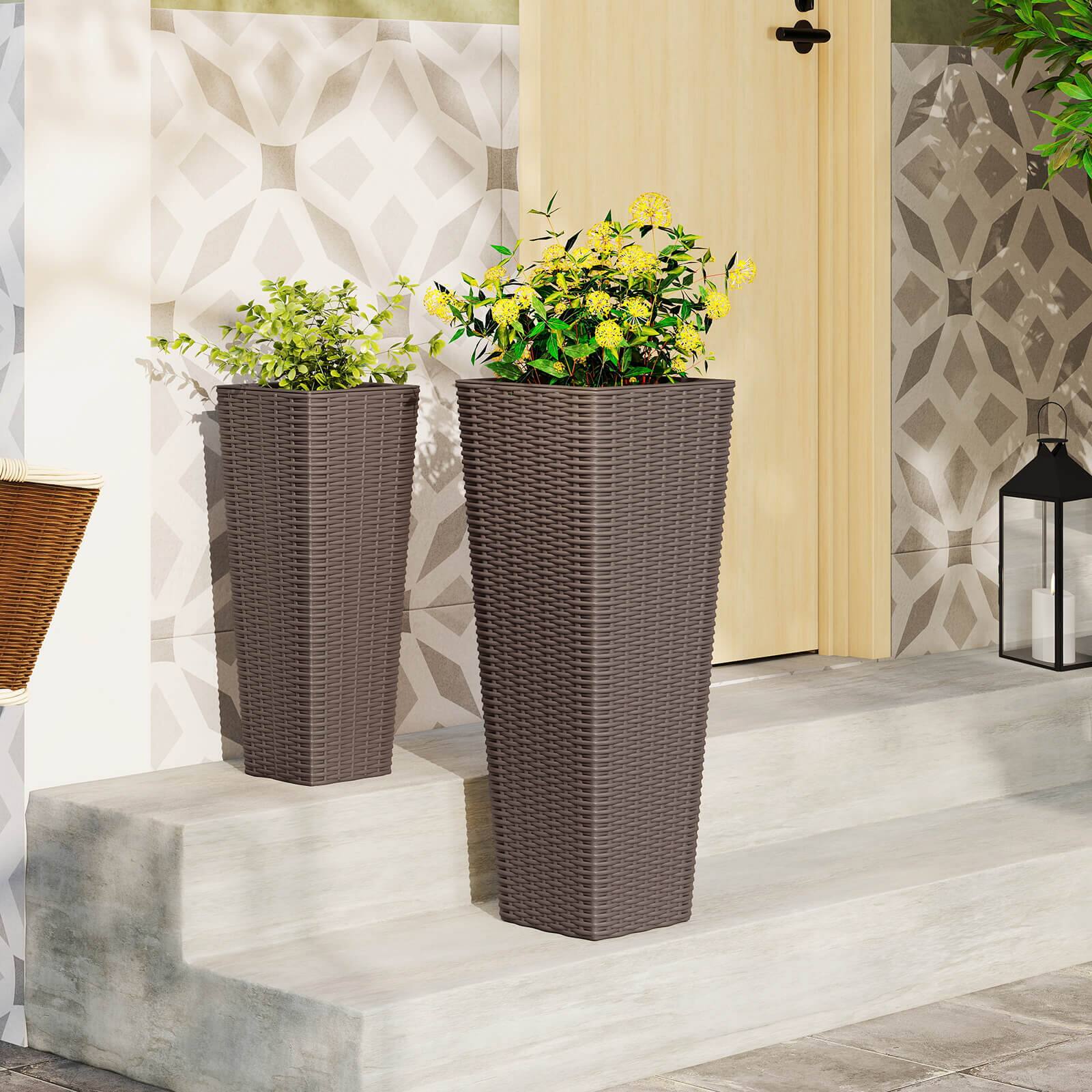 Alt View 1. Costway - Costway Rattan Tall Planter Set of 2 with Removable Inner Trays, Drainage Holes for Garden - Coffee.