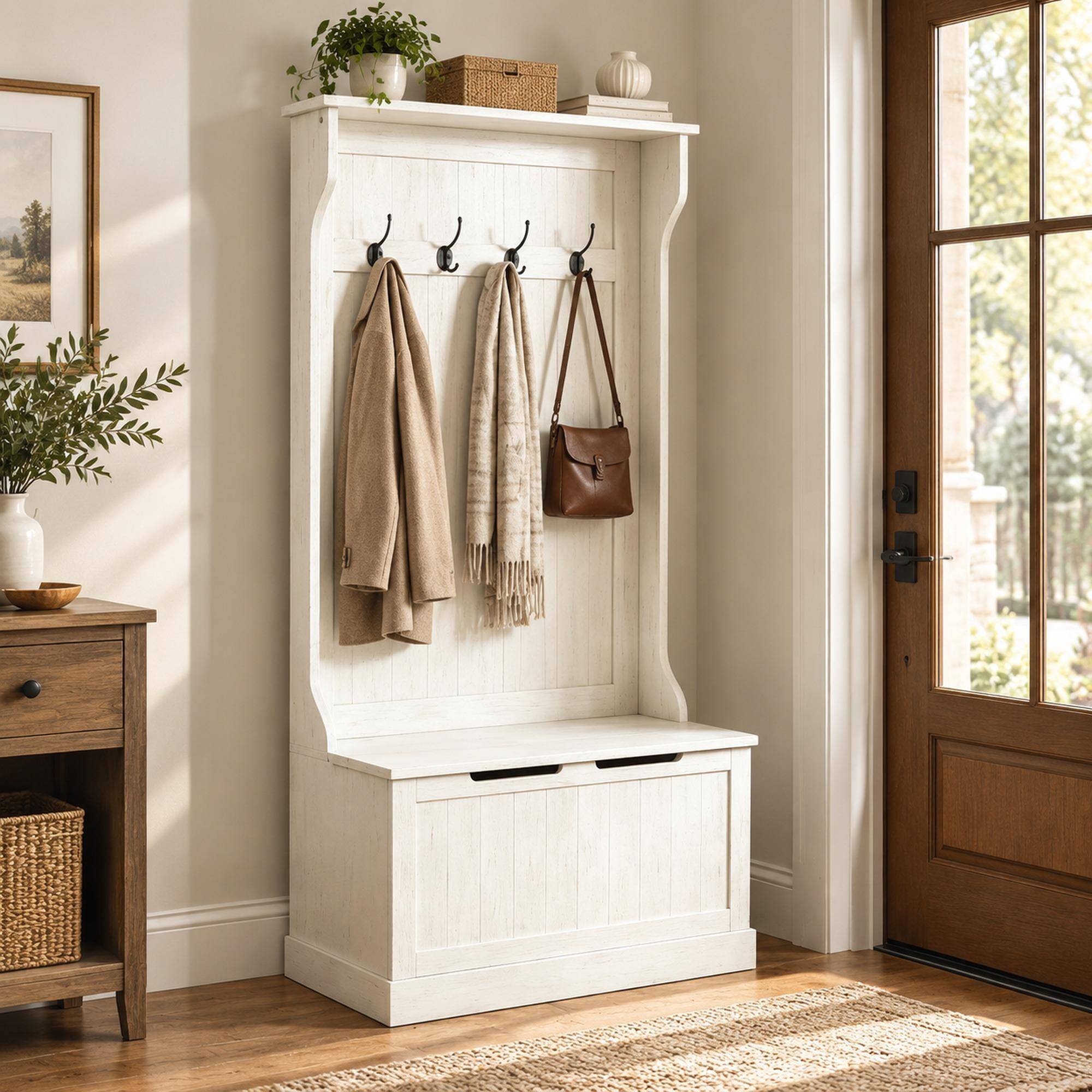 Front. RYHNUYNE - Multi-Use Hall Tree Bench, Cream White MDF, 4 Steel Double Hooks, Shoe Storage, 67 in Tall - Cream White.