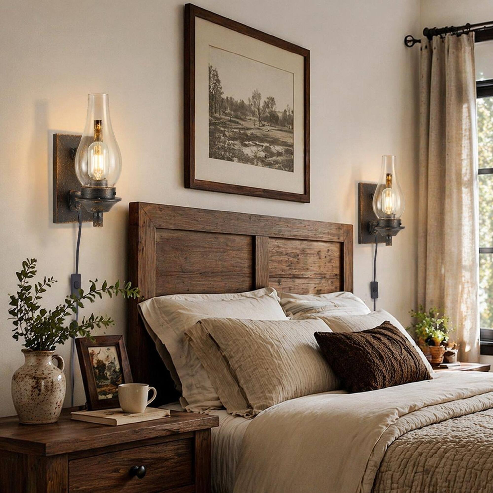 Alt View 2. RYHNUYNE - Set of 2 Plug-In Wall Sconces with Clear Glass Shades, Black and Gold Accents, Vintage Industrial Design for Bedroom.
