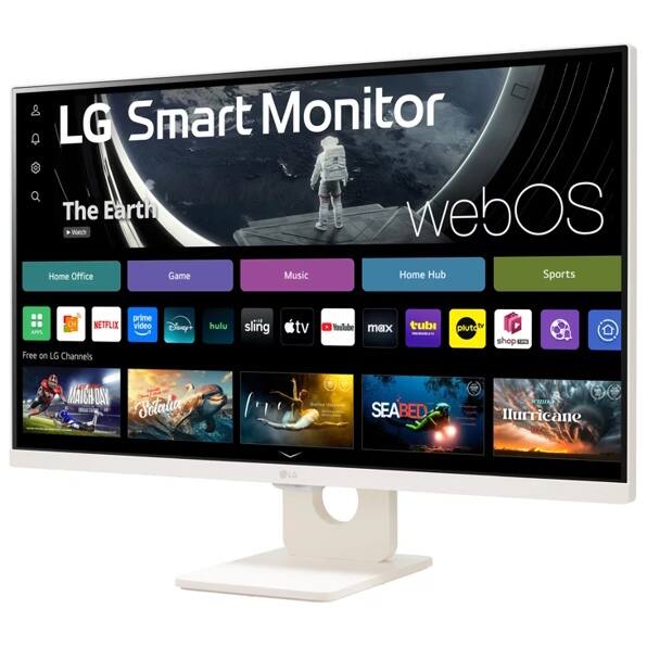 LG Smart Monitor  
The Earth  
webOS  

Home Office  
Game  
Music  
Home Hub  
Sports  

Free on LG Channels  
Netflix  
Disney+  
Hulu  
Sling TV  
YouTube  
Max  
Tubi  
Pluto TV  

MAICHOAY DAY  
Sotatia  
SEABED  
Hurricane