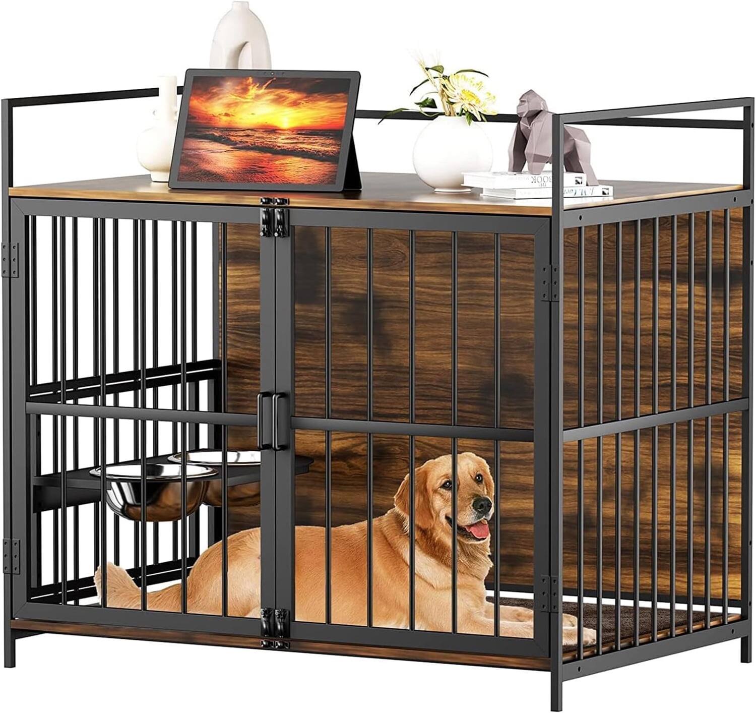 Alt View 1. Pefilos - 41" Dog Crate Furniture with 360° Rotating & Adjustable Elevated Feeding Station, Spacious for Large Dogs.