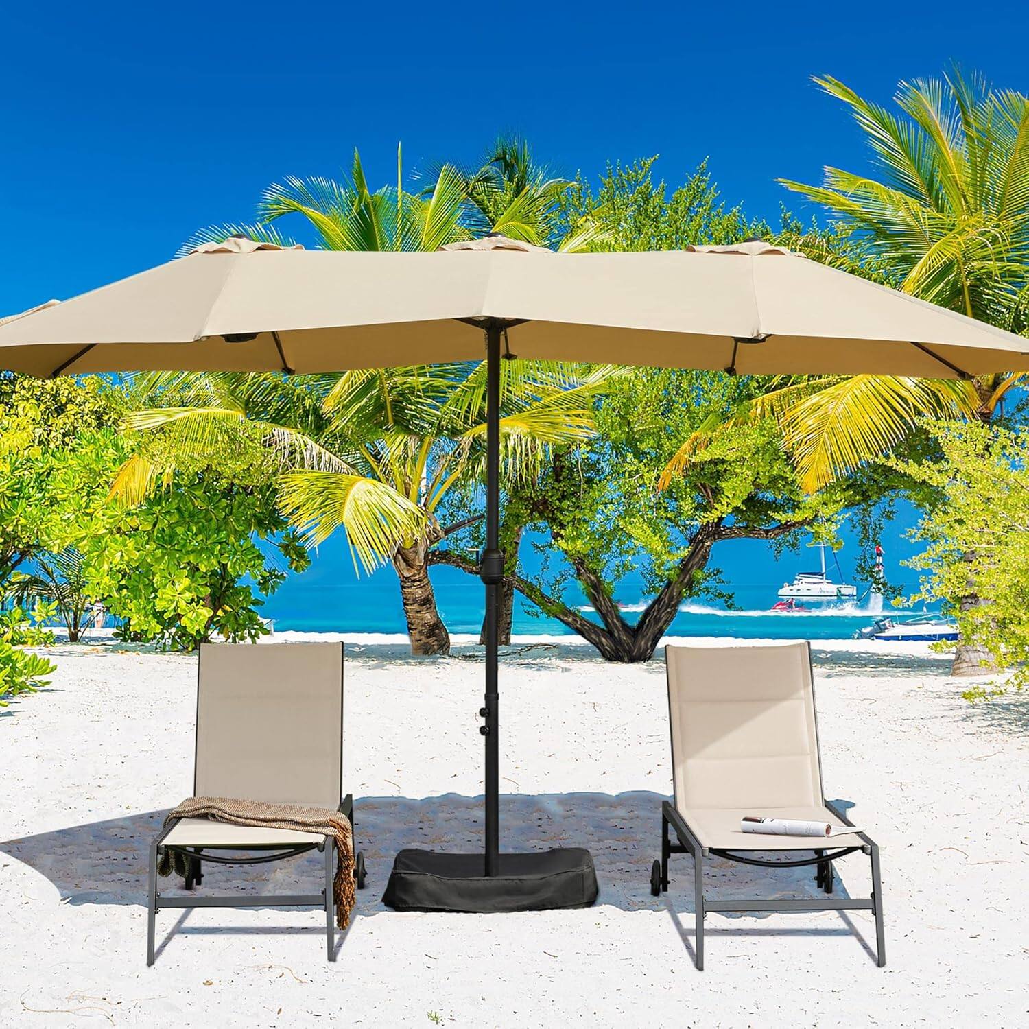 Back. Yardgrace - 15ft Triple Patio Umbrella with Base Double Sided Easy Crank 12 Ribs Ventilation Openings - Beige.