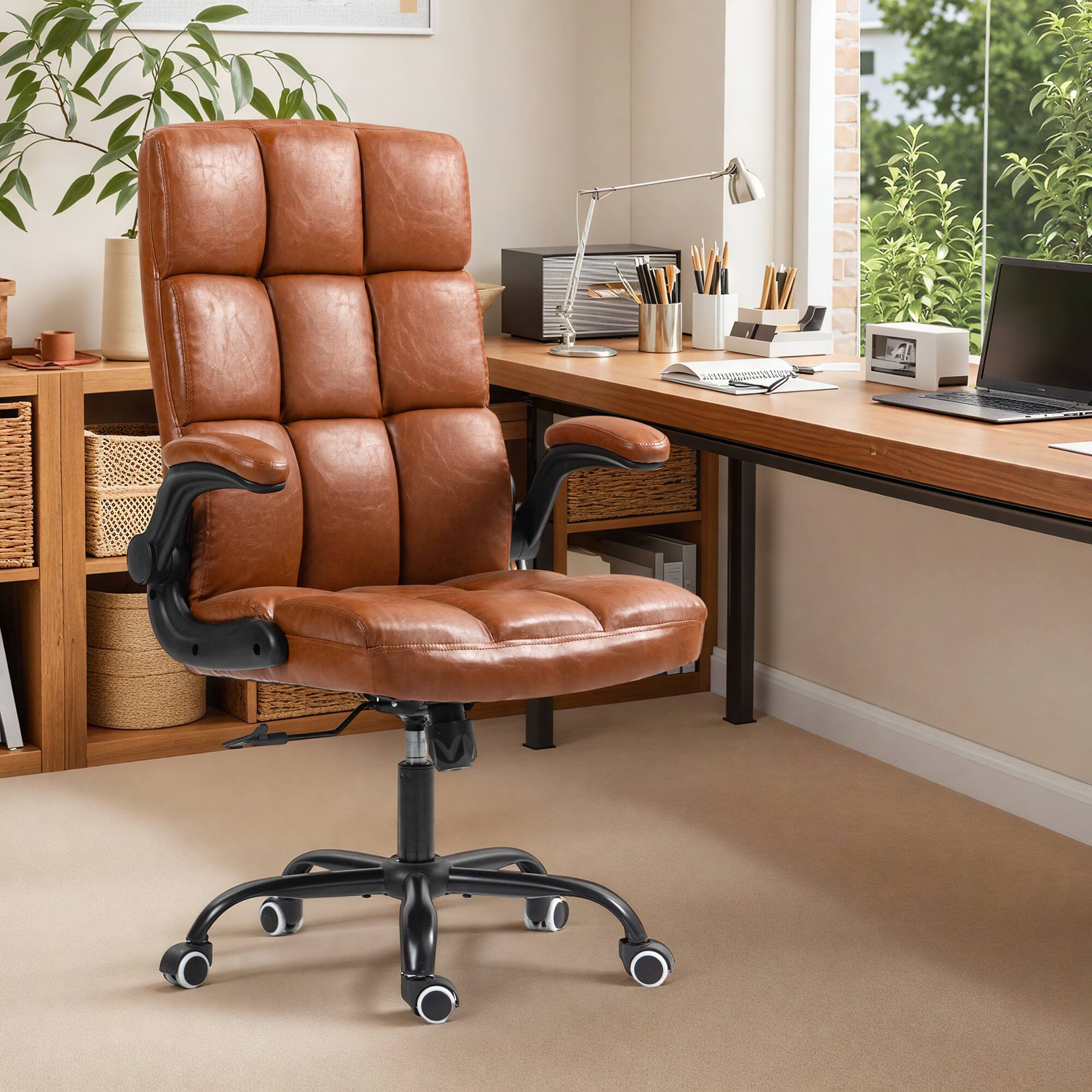 Angle. U-HOMY - Mid-Century Modern Executive Office Chair - Adjustable Leather Desk Chair with Flip-Up Arms, 330 lbs Capacity - Brown.