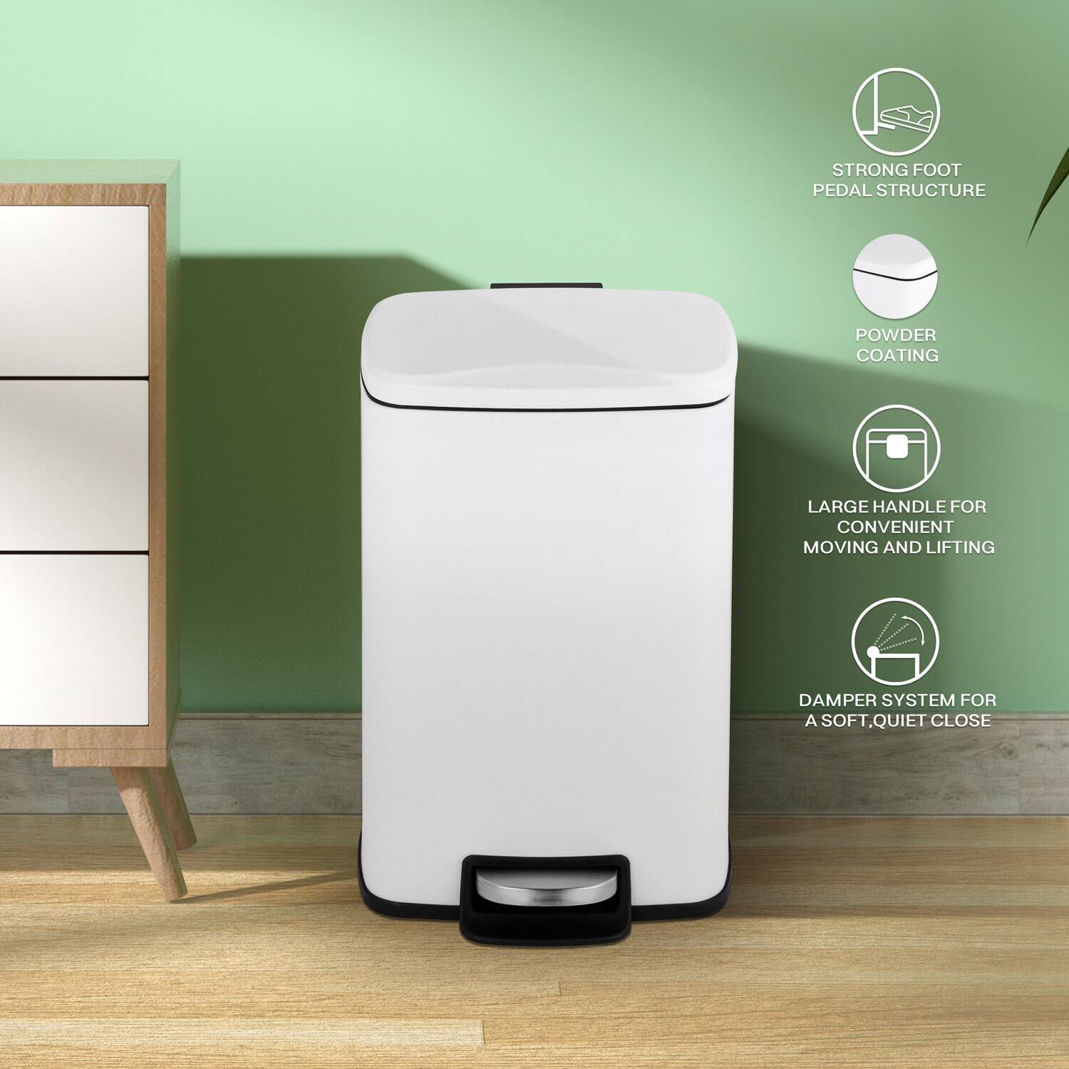 - STRONG FOOT PEDAL STRUCTURE
- POWDER COATING
- LARGE HANDLE FOR CONVENIENT MOVING AND LIFTING
- DAMPER SYSTEM FOR A SOFT, QUIET CLOSE