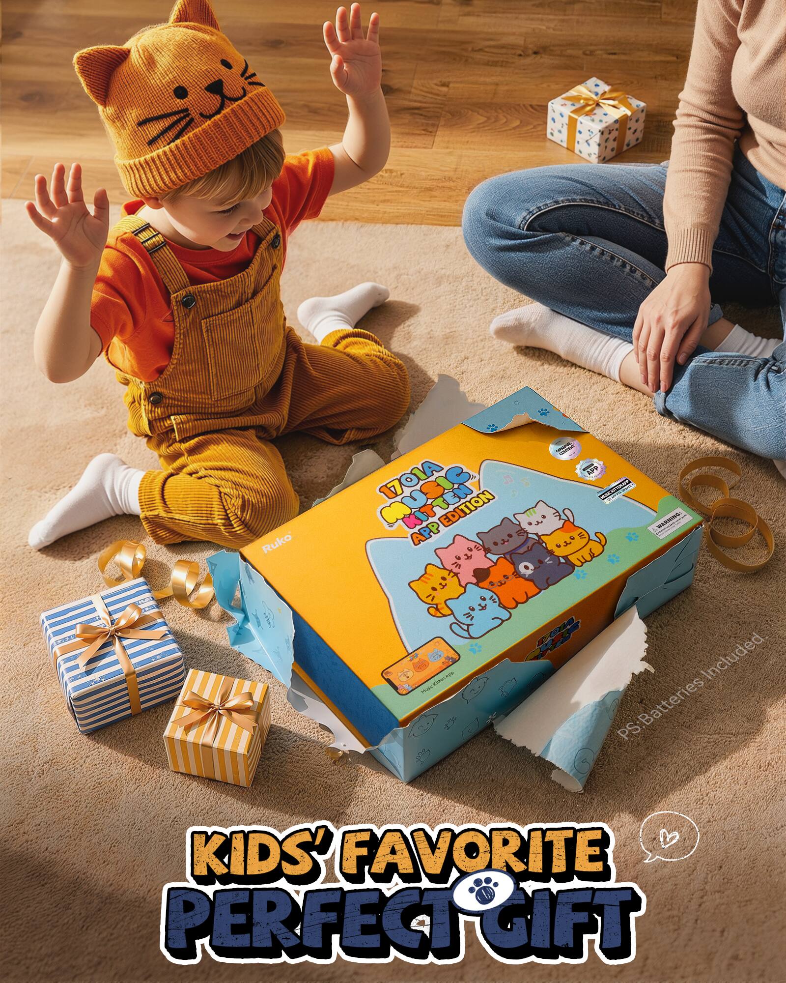 Ruko  
1701A MURING EDITION APP  
- APP MAINK_ACTIOLAPPY  
- IX HERMING:  
- Music  
- Included. PS: Batteries  
- KIDS' FAVORITE PERFECT GIFT