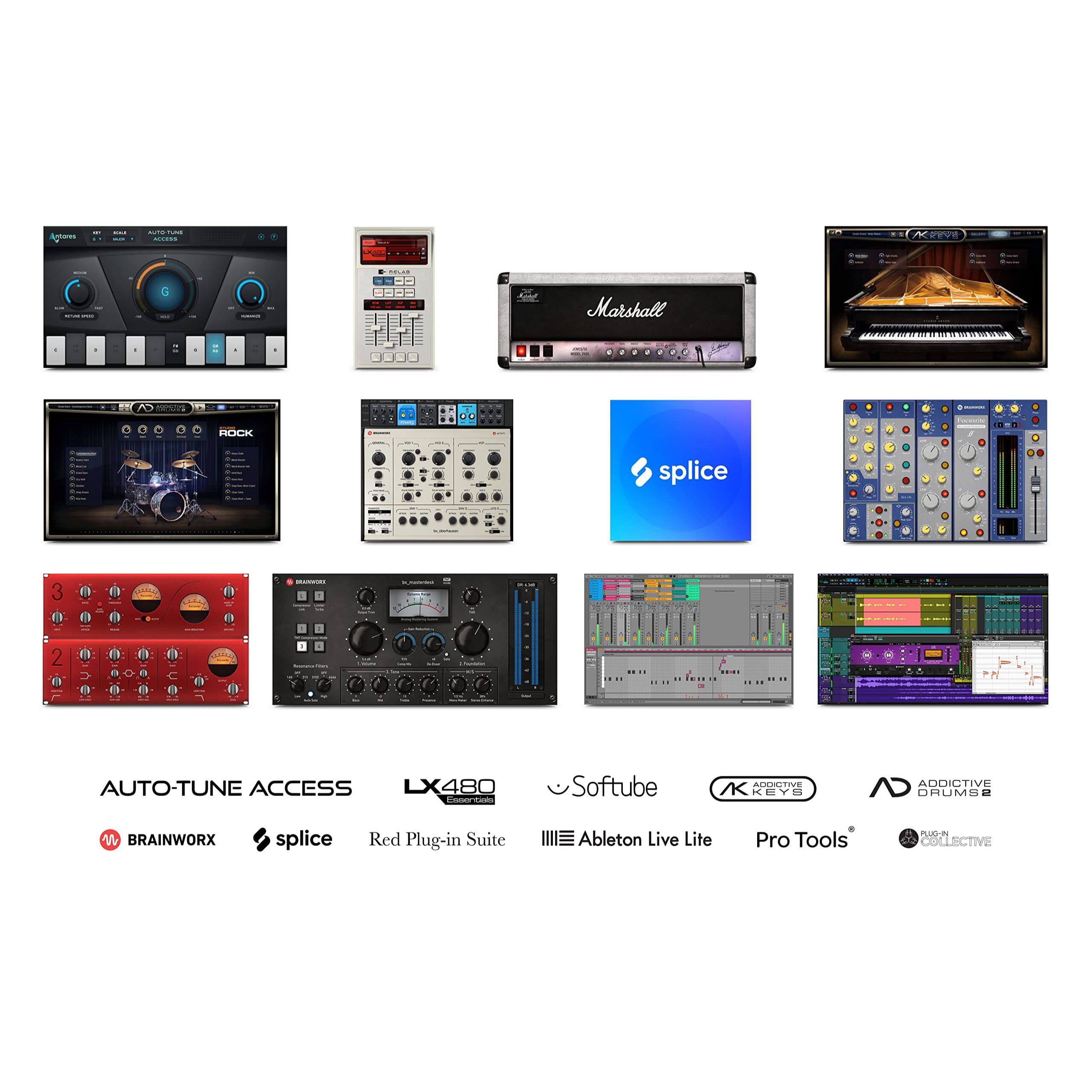 Ace - : - : : -.. nRe A Marshall - + 1 ROCK + splice u + 3  1  - | 2 0  d  1 1  AUTO-TUNE ACCESS LX480 : i Softube ADCITIVE R REVE IN D  ADDICTIVE DRUMSE W BRAINWORX splice Red Plug-in Suite | Ableton Live Lite Pro Tools PN COLLECTIVE