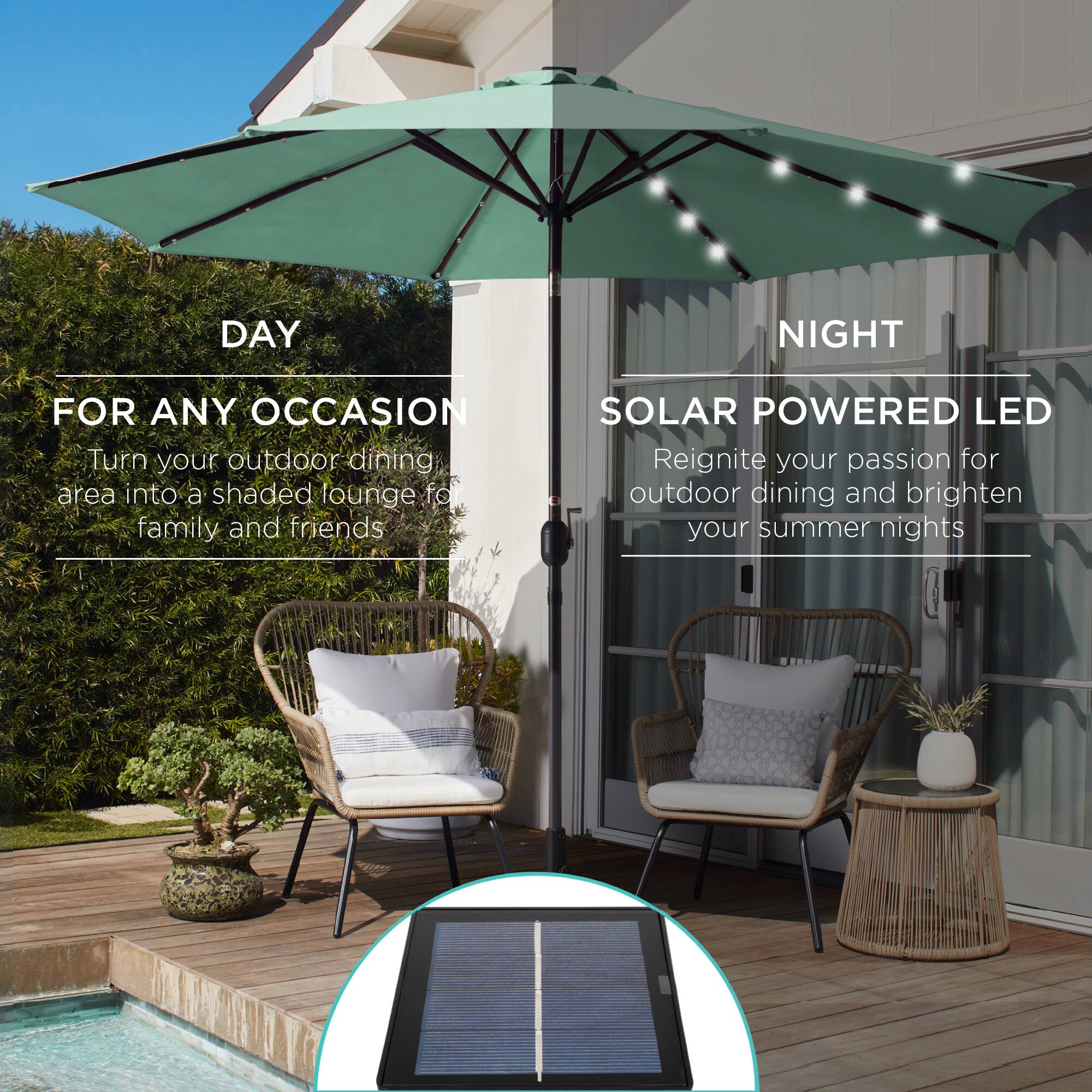 **DAY**

FOR ANY OCCASION

Turn your outdoor dining area into a shaded lounge for family and friends

**NIGHT**

SOLAR POWERED LED

Reignite your passion for outdoor dining and brighten your summer nights